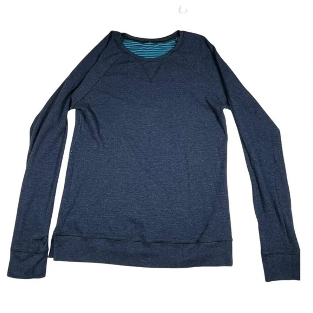 Lululemon‎ Reversible Striped Teal Black & Heathered Navy Long Sleeve Top 10 EUC